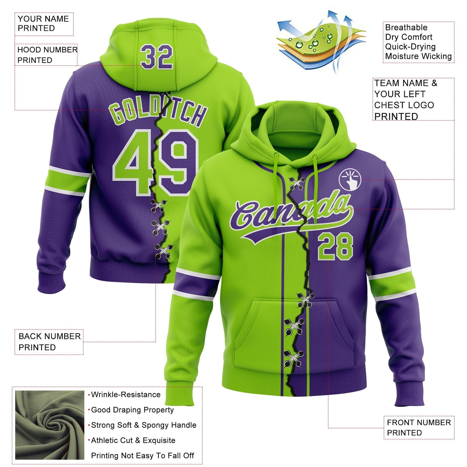 Custom Purple Neon Green-White Split Ripped Pattern Baseball Pullover Sweatshirt Hoodie photo 3
