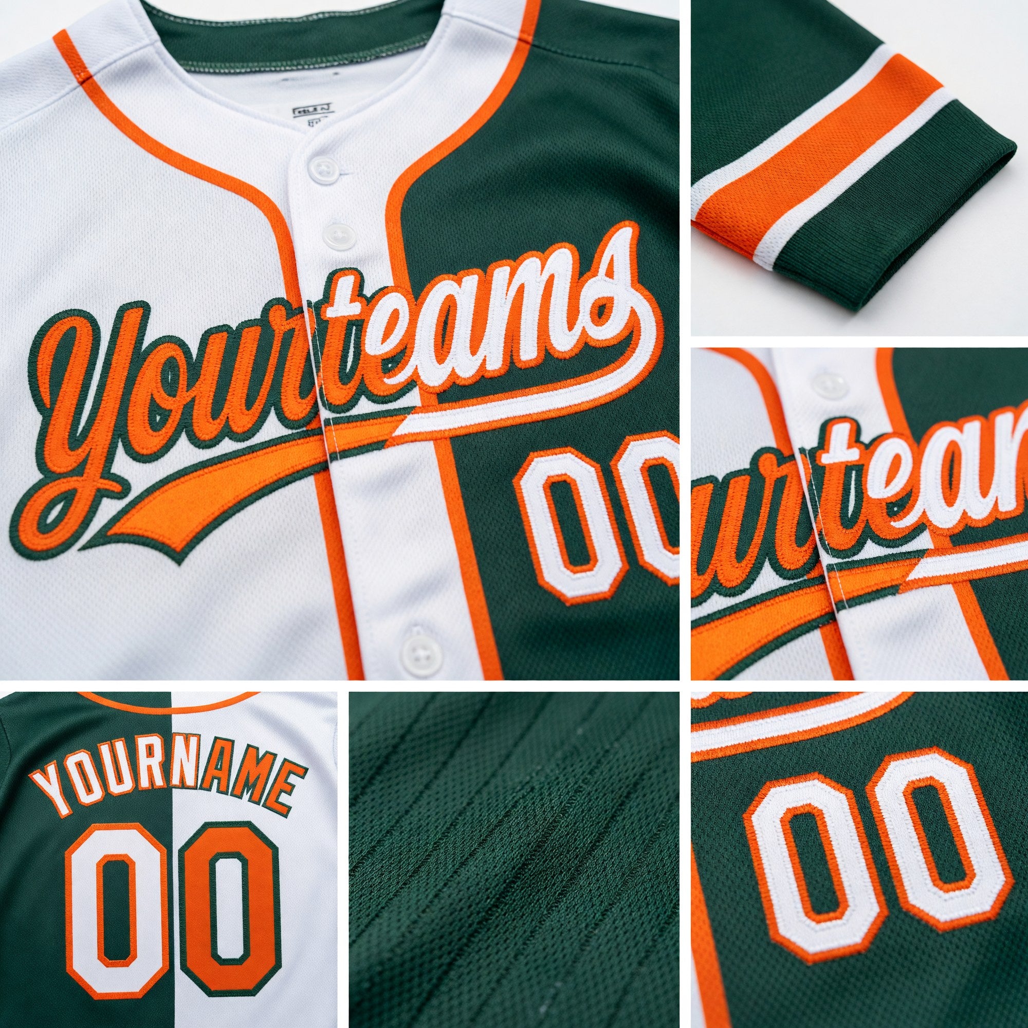 Custom Green White-Orange Split Ripped Pattern Baseball Pullover Sweatshirt Hoodie detail