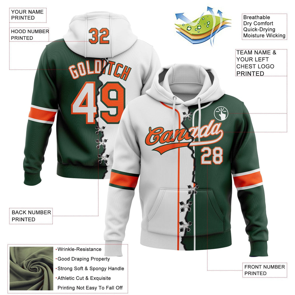 Custom Green White-Orange Split Ripped Pattern Baseball Pullover Sweatshirt Hoodie photo 3
