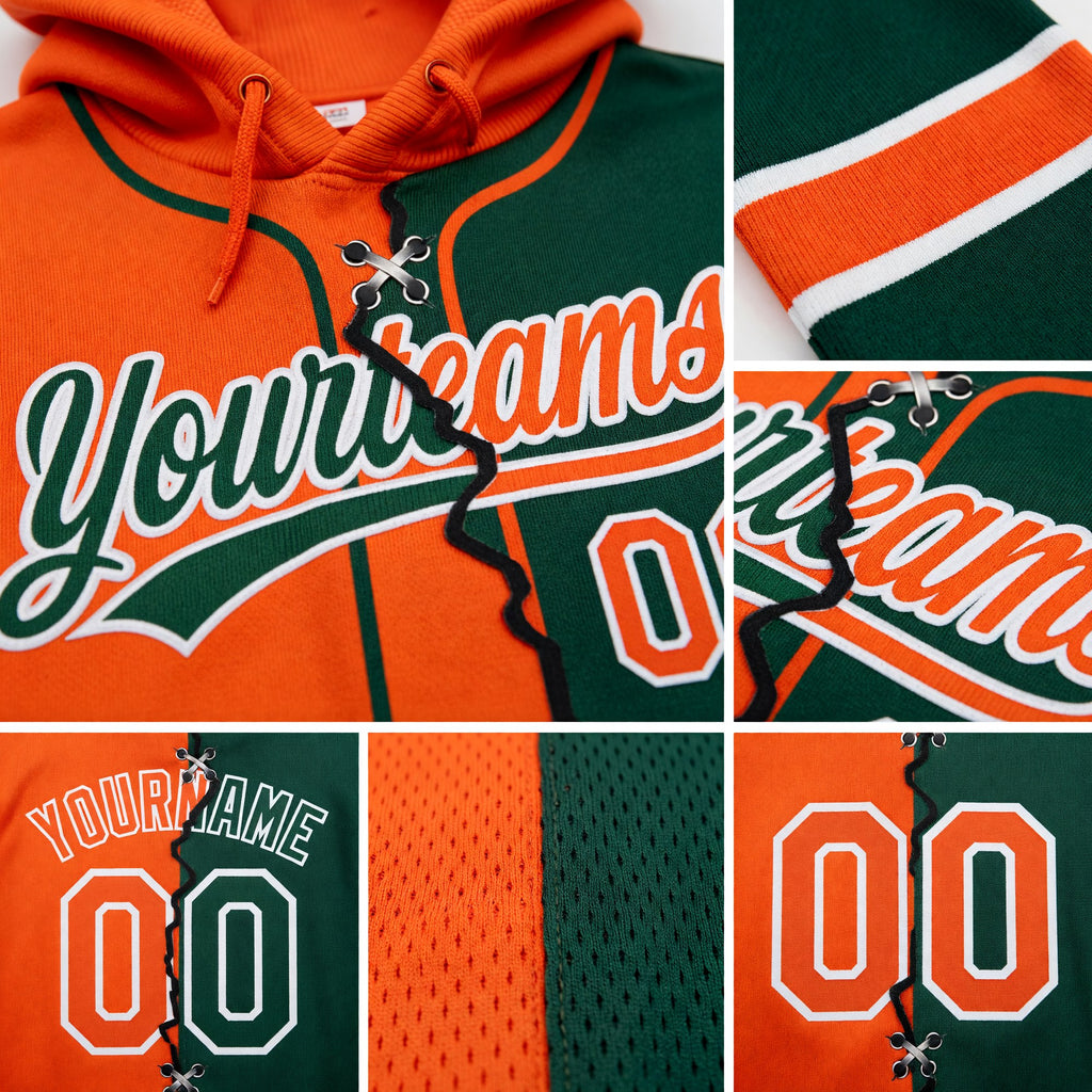 Custom Green Orange-White Split Ripped Pattern Baseball Pullover Sweatshirt Hoodie detail