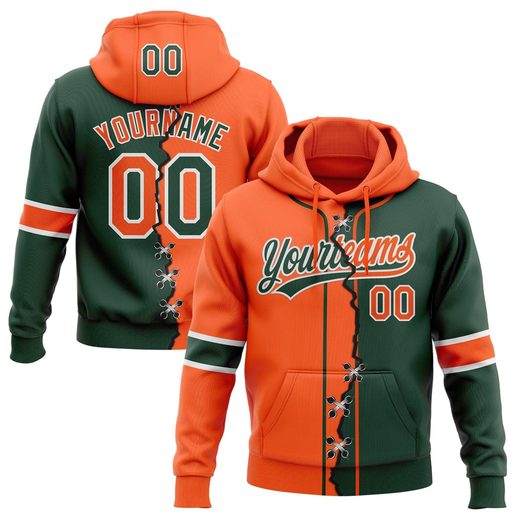 Custom Green Orange-White Split Ripped Pattern Baseball Pullover Sweatshirt Hoodie photo 1