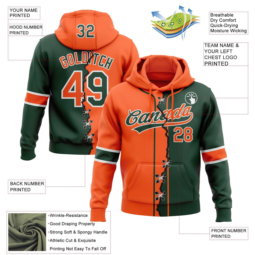 Custom Green Orange-White Split Ripped Pattern Baseball Pullover Sweatshirt Hoodie photo 3