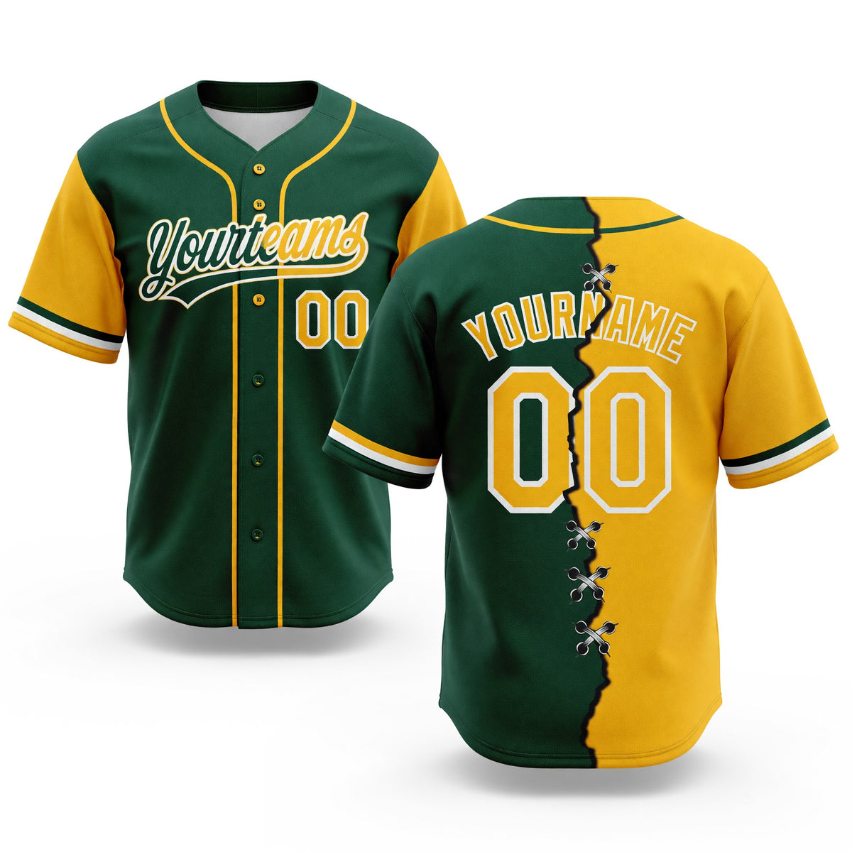 Custom Green Gold-White Split Ripped Pattern Baseball Pullover Sweatshirt Hoodie