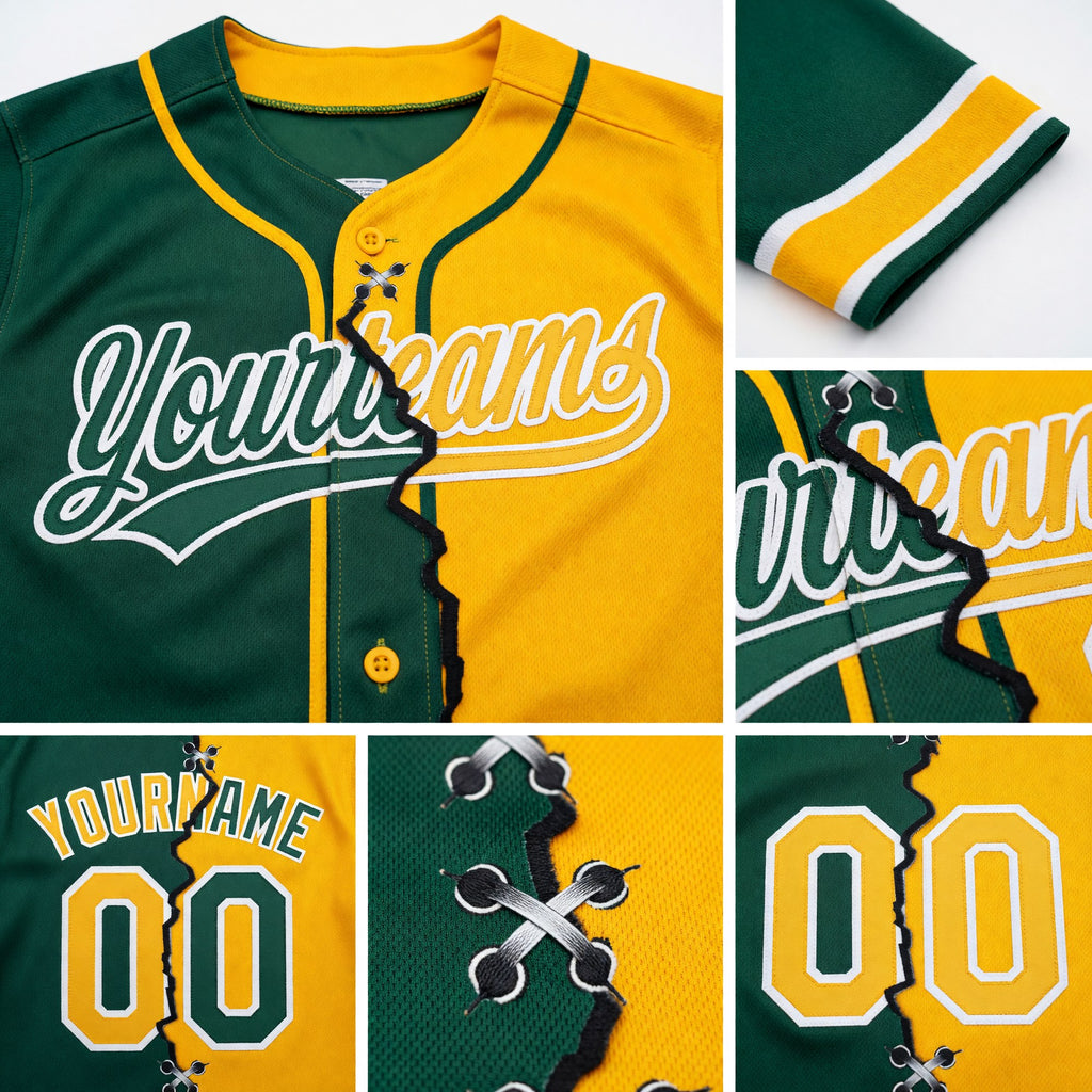 Custom Green Gold-White Split Ripped Pattern Baseball Pullover Sweatshirt Hoodie detail