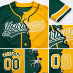 Custom Green Gold-White Split Ripped Pattern Baseball Pullover Sweatshirt Hoodie detail