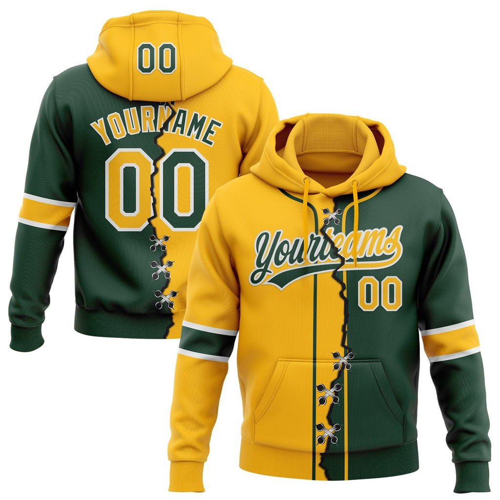 Custom Green Gold-White Split Ripped Pattern Baseball Pullover Sweatshirt Hoodie photo 1