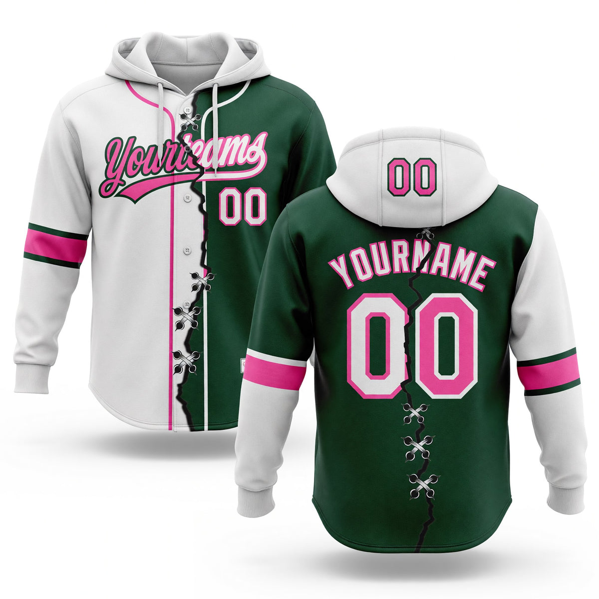 Custom Green White-Pink Split Ripped Pattern Baseball Pullover Sweatshirt Hoodie