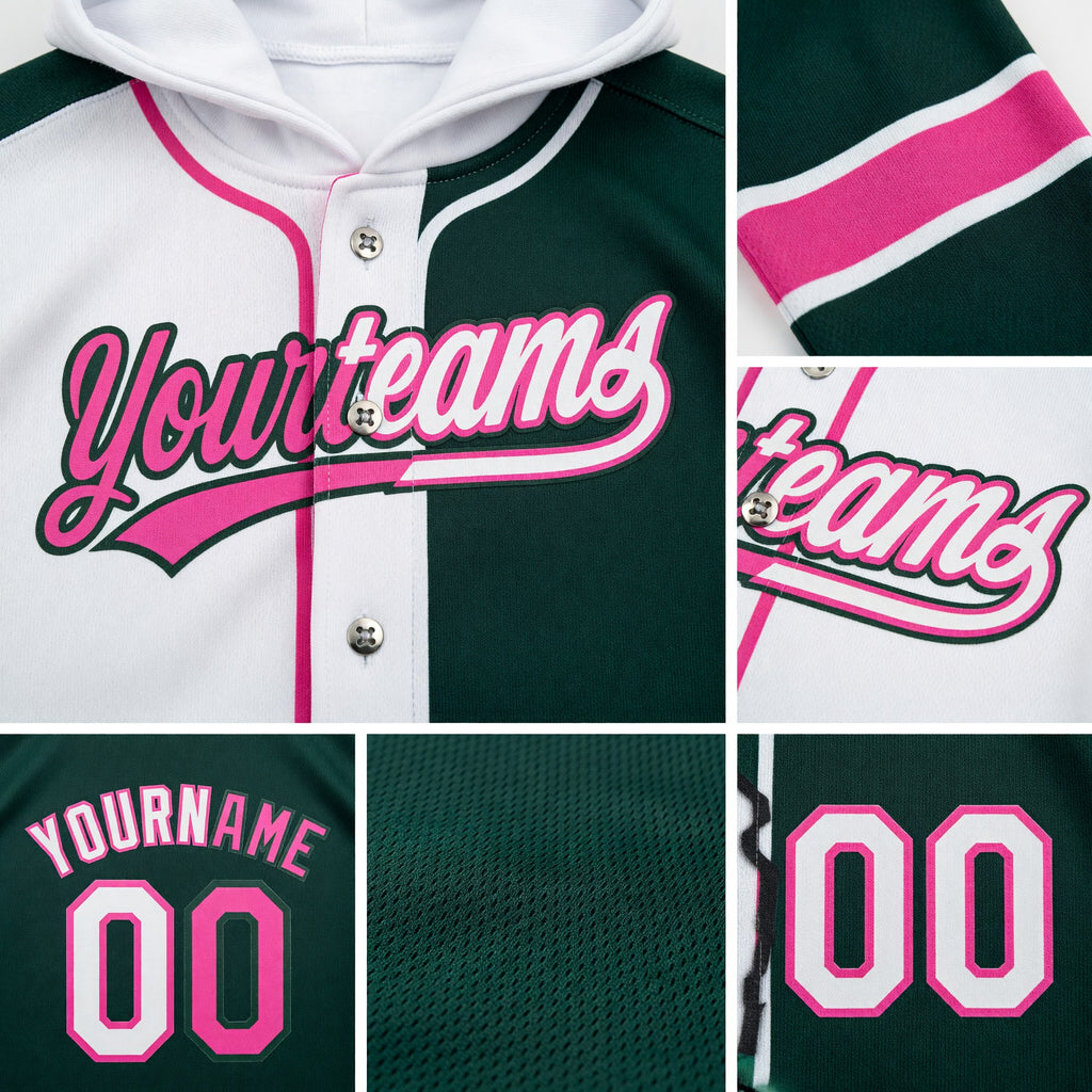 Custom Green White-Pink Split Ripped Pattern Baseball Pullover Sweatshirt Hoodie detail