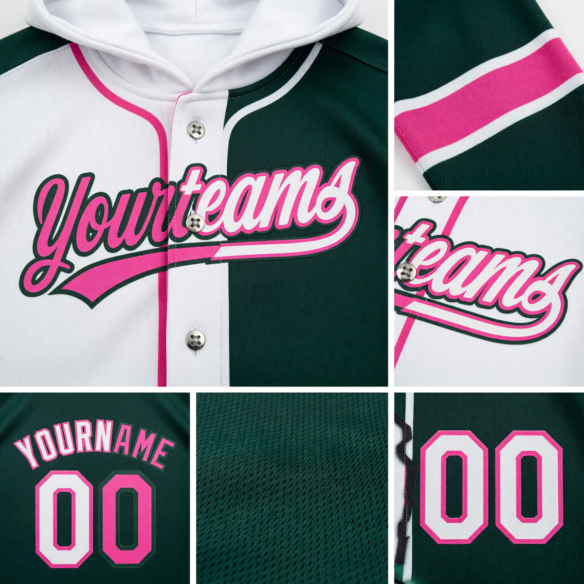 Custom Green White-Pink Split Ripped Pattern Baseball Pullover Sweatshirt Hoodie detail