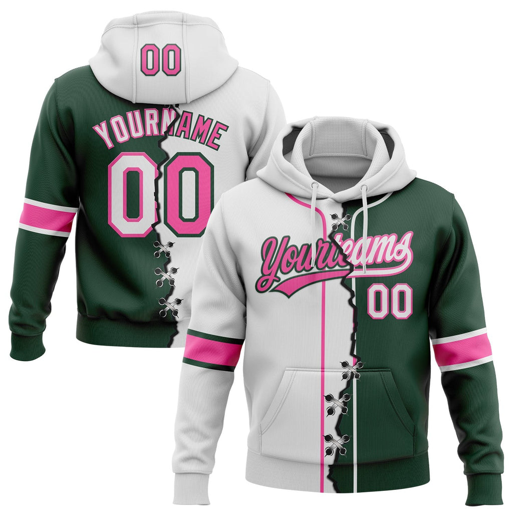 Custom Green White-Pink Split Ripped Pattern Baseball Pullover Sweatshirt Hoodie photo 1