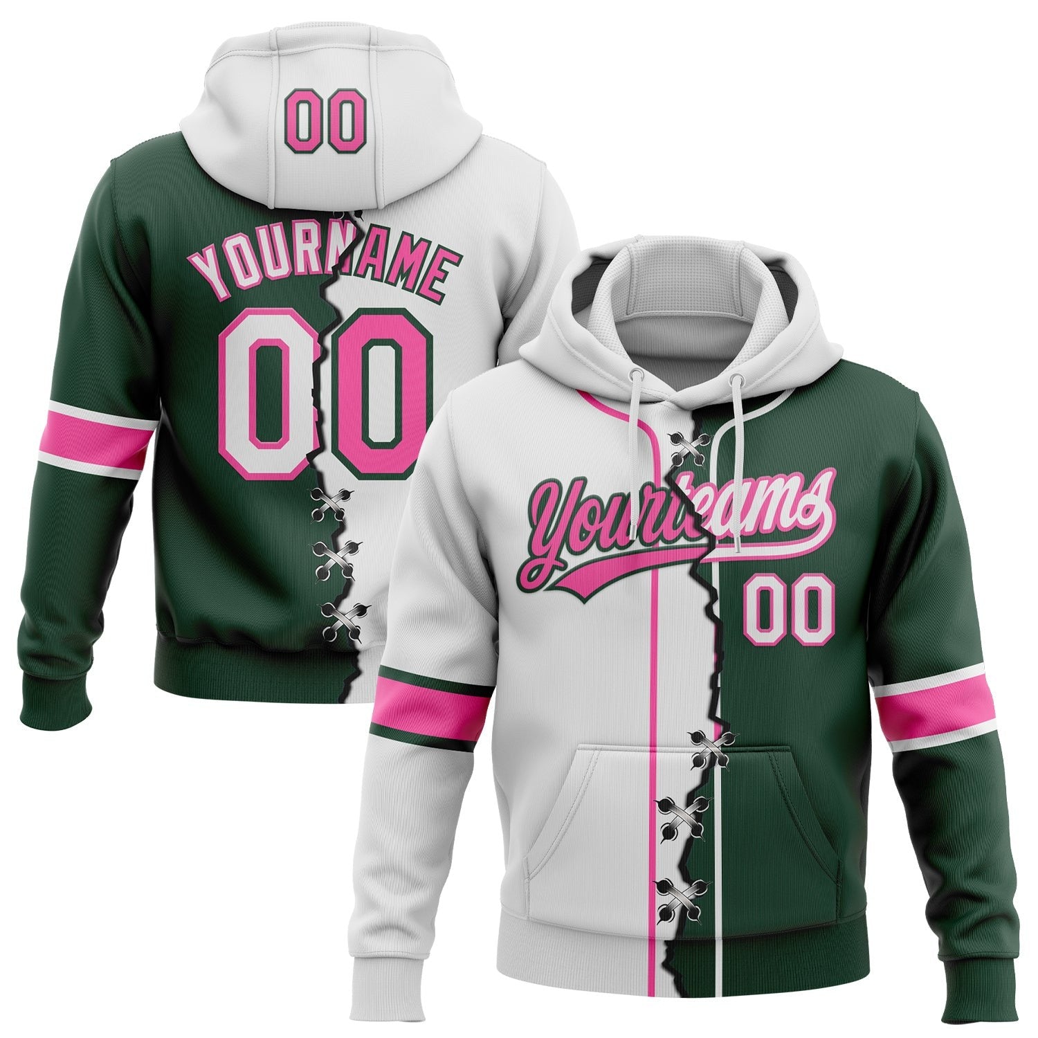 Custom Green White-Pink Split Ripped Pattern Baseball Pullover Sweatshirt Hoodie photo 1