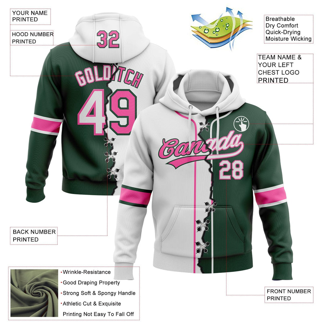 Custom Green White-Pink Split Ripped Pattern Baseball Pullover Sweatshirt Hoodie photo 3