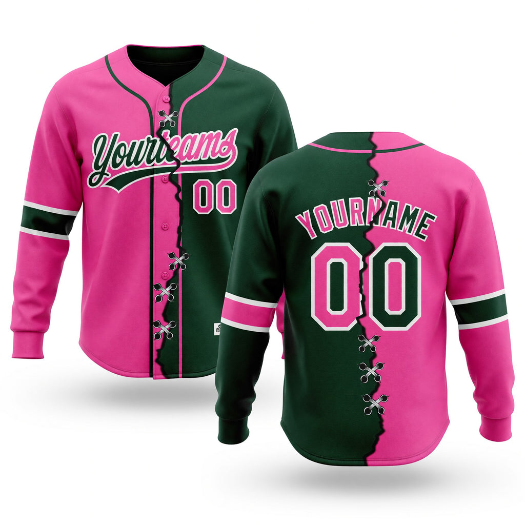 Custom Green Pink-White Split Ripped Pattern Baseball Pullover Sweatshirt Hoodie