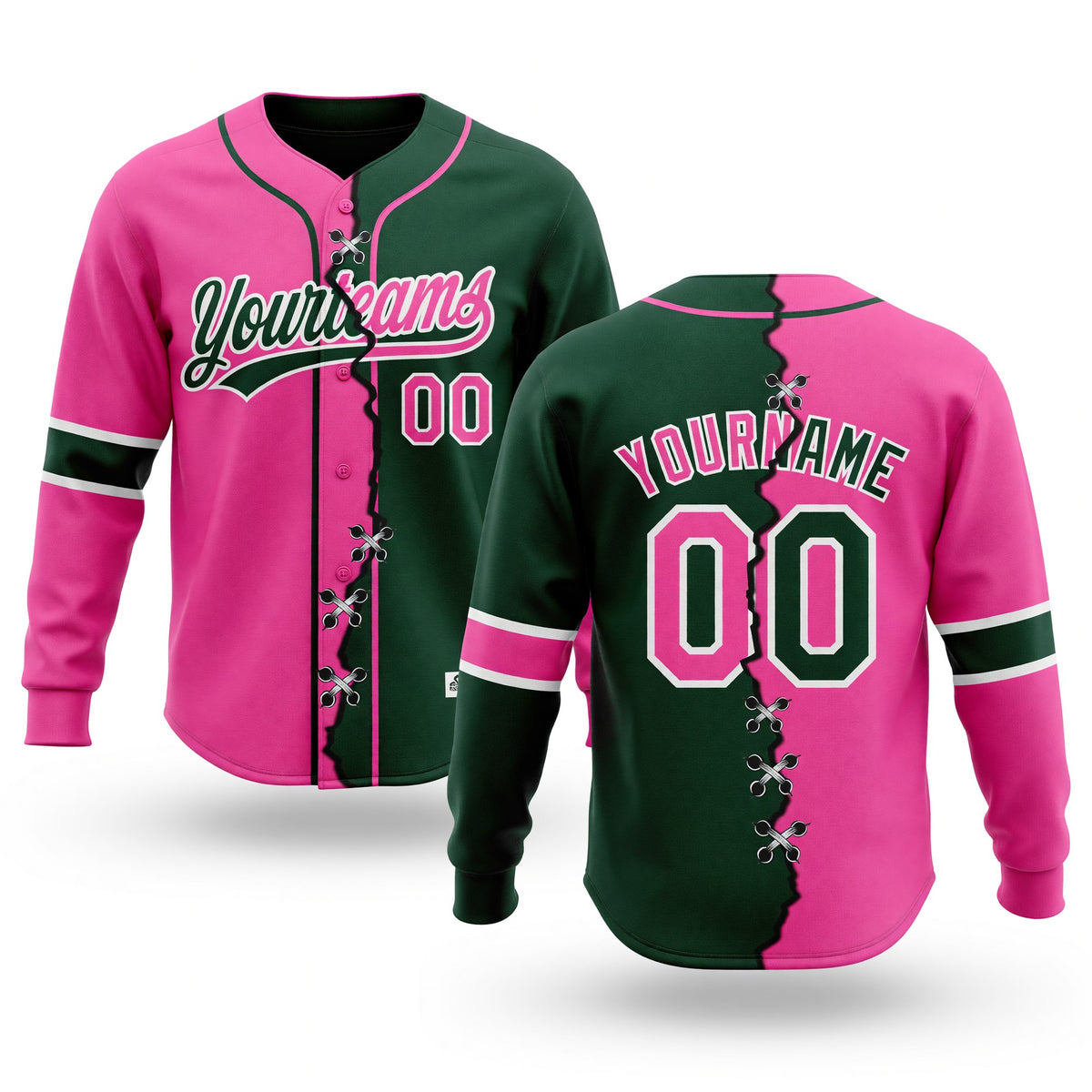 Custom Green Pink-White Split Ripped Pattern Baseball Pullover Sweatshirt Hoodie