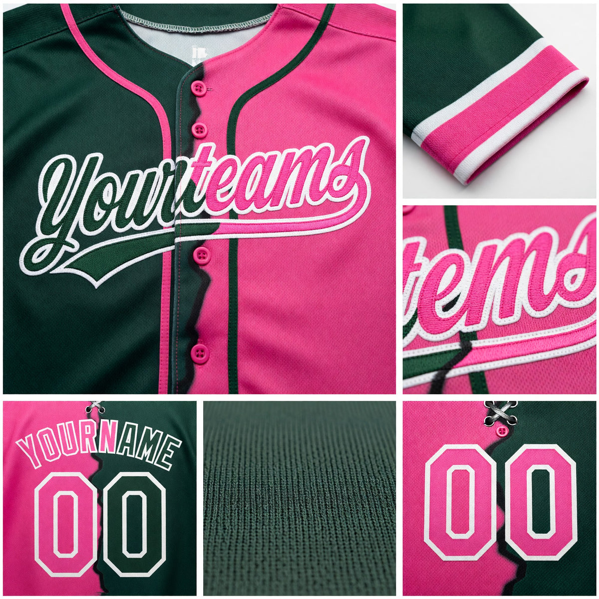 Custom Green Pink-White Split Ripped Pattern Baseball Pullover Sweatshirt Hoodie detail