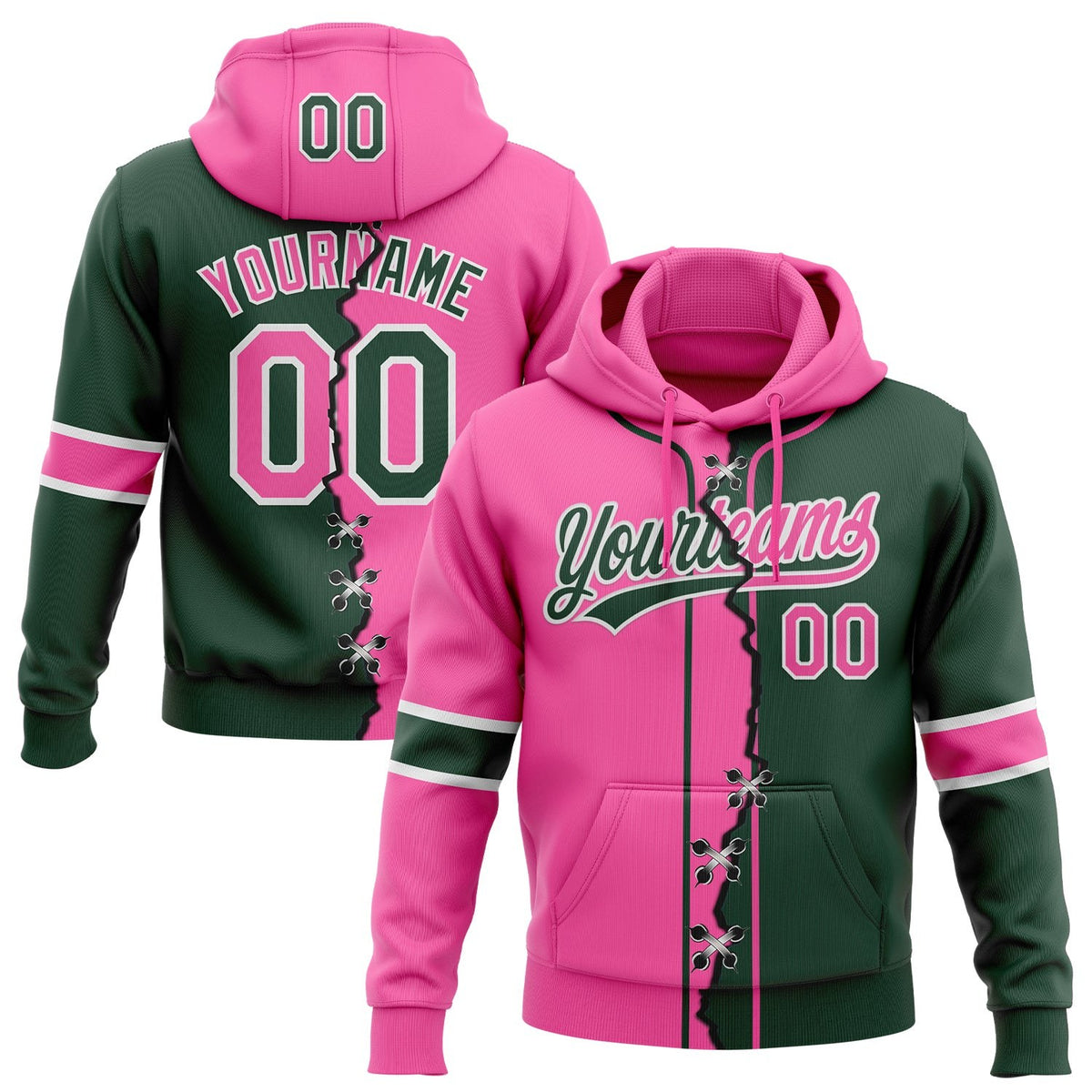 Custom Green Pink-White Split Ripped Pattern Baseball Pullover Sweatshirt Hoodie photo 1