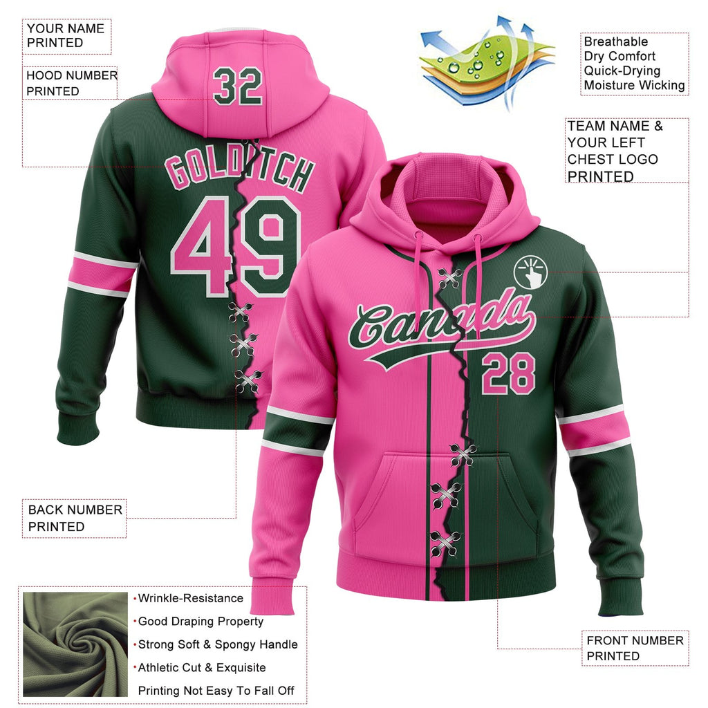 Custom Green Pink-White Split Ripped Pattern Baseball Pullover Sweatshirt Hoodie photo 3