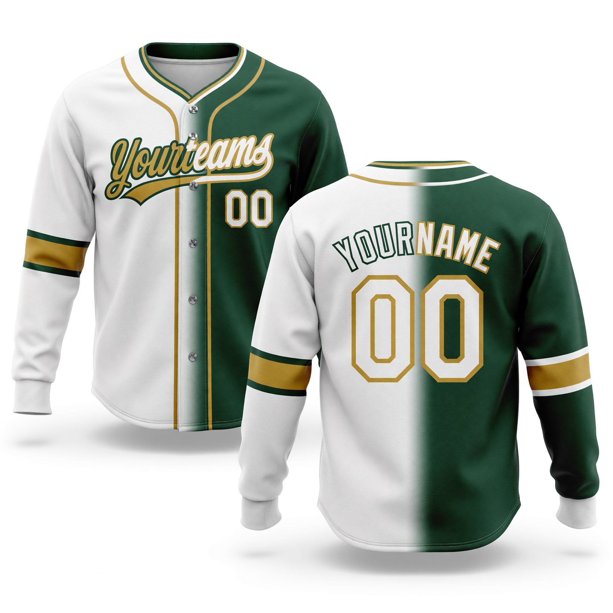 Custom Green White-Old Gold Split Ripped Pattern Baseball Pullover Sweatshirt Hoodie