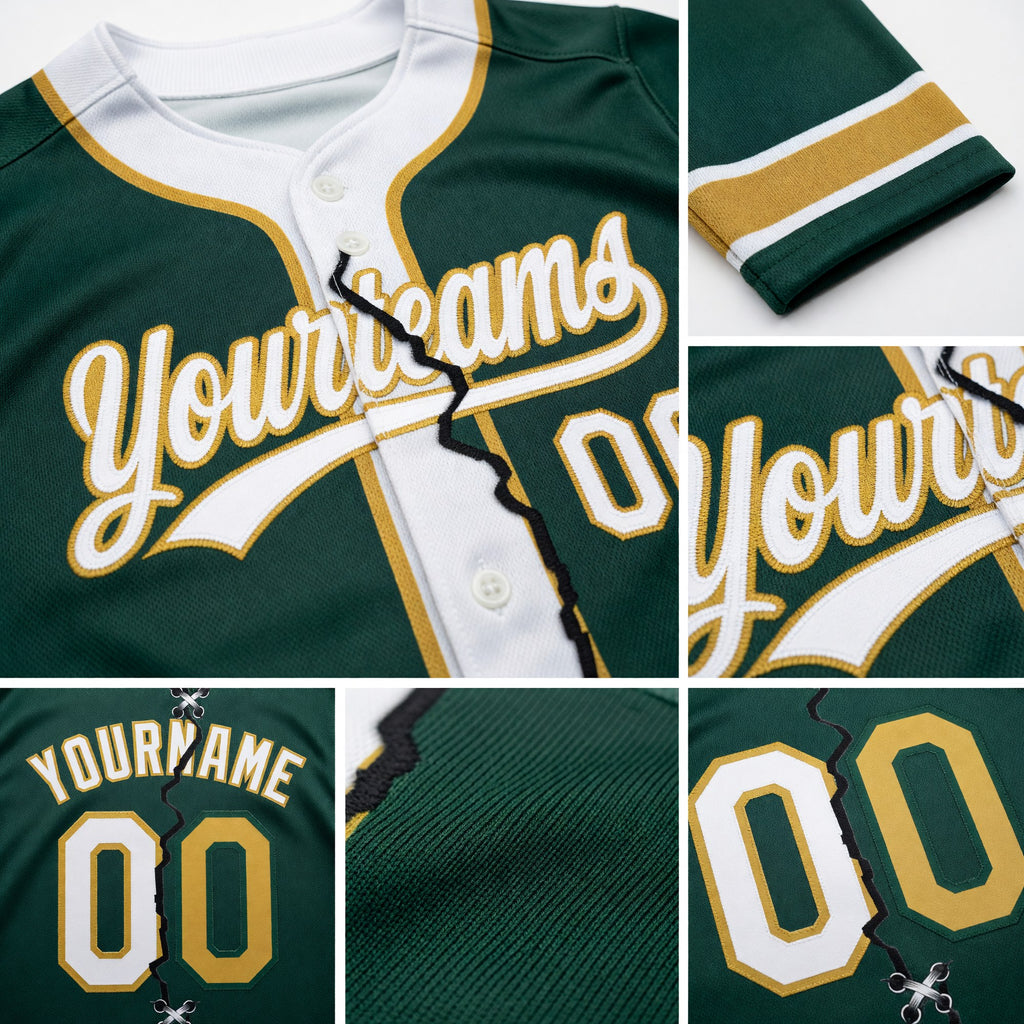 Custom Green White-Old Gold Split Ripped Pattern Baseball Pullover Sweatshirt Hoodie detail