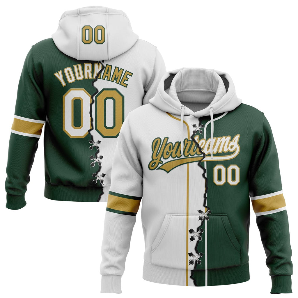 Custom Green White-Old Gold Split Ripped Pattern Baseball Pullover Sweatshirt Hoodie photo 1