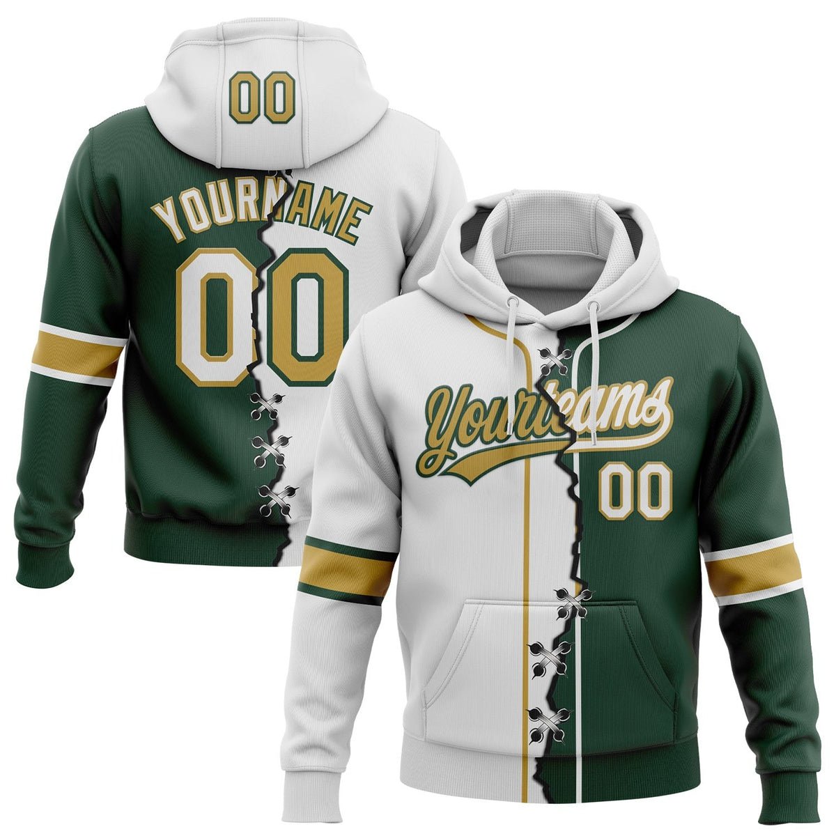 Custom Green White-Old Gold Split Ripped Pattern Baseball Pullover Sweatshirt Hoodie photo 1