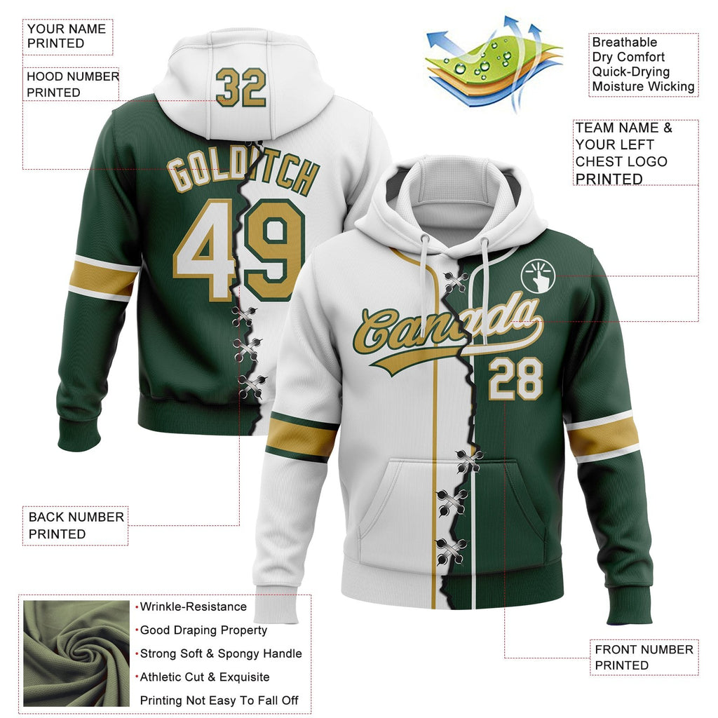 Custom Green White-Old Gold Split Ripped Pattern Baseball Pullover Sweatshirt Hoodie photo 3