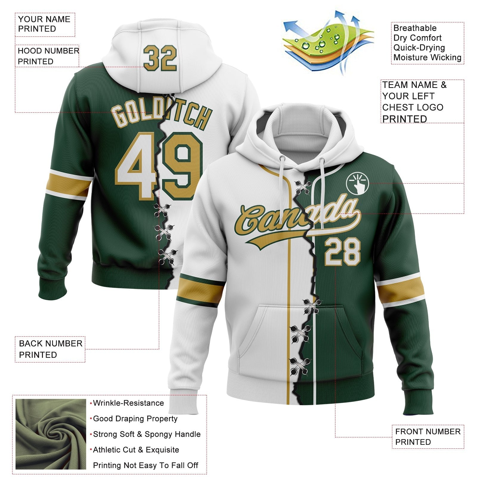 Custom Green White-Old Gold Split Ripped Pattern Baseball Pullover Sweatshirt Hoodie photo 3