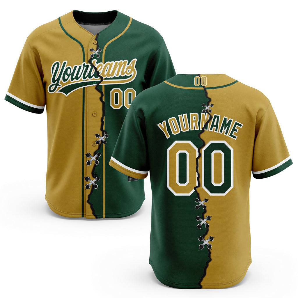 Custom Green Old Gold-White Split Ripped Pattern Baseball Pullover Sweatshirt Hoodie