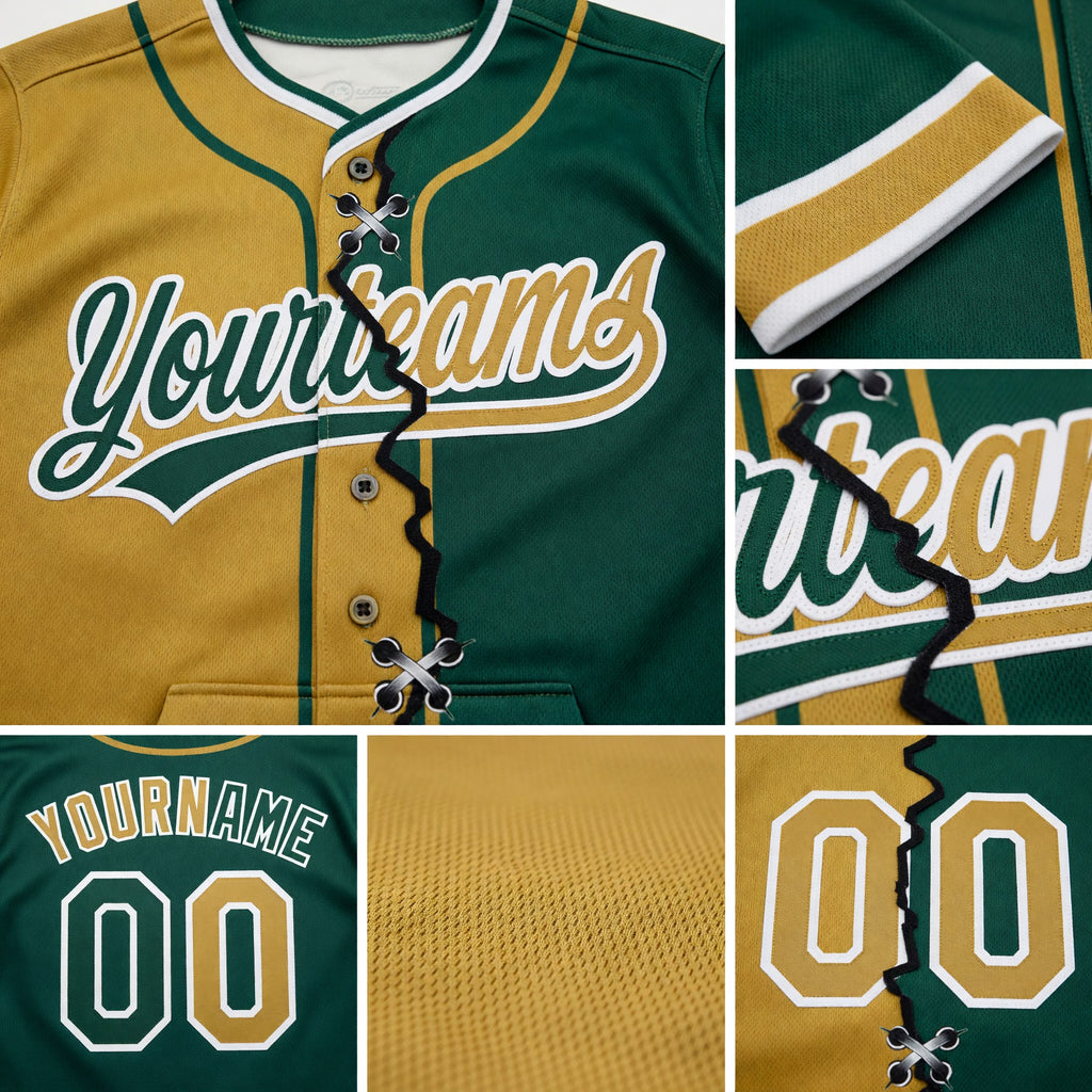 Custom Green Old Gold-White Split Ripped Pattern Baseball Pullover Sweatshirt Hoodie detail