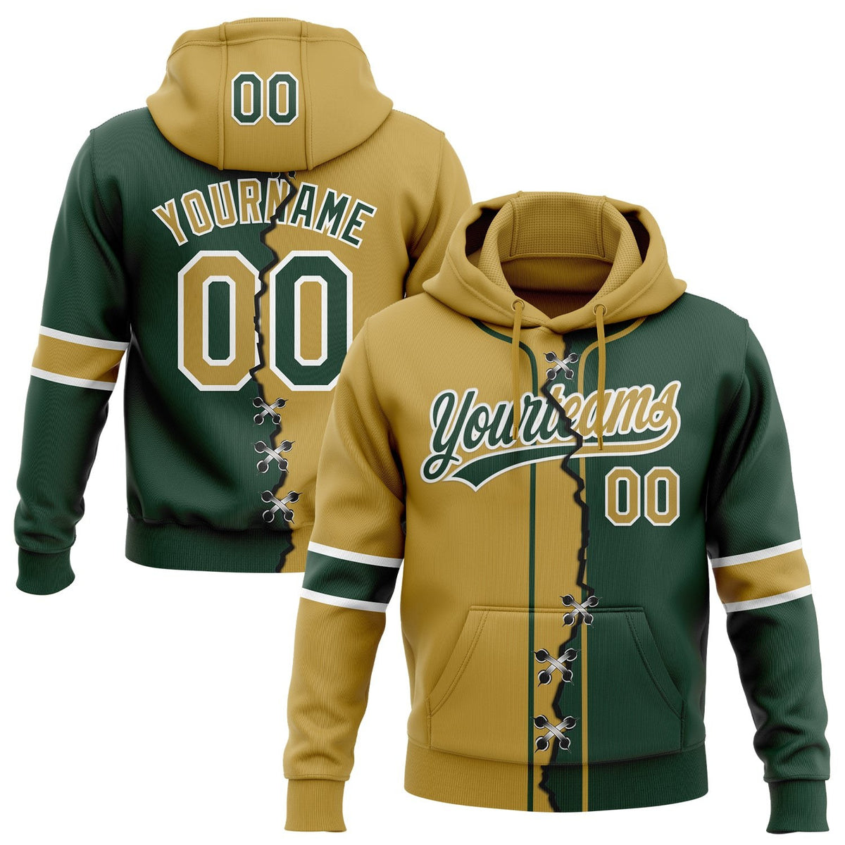 Custom Green Old Gold-White Split Ripped Pattern Baseball Pullover Sweatshirt Hoodie photo 1