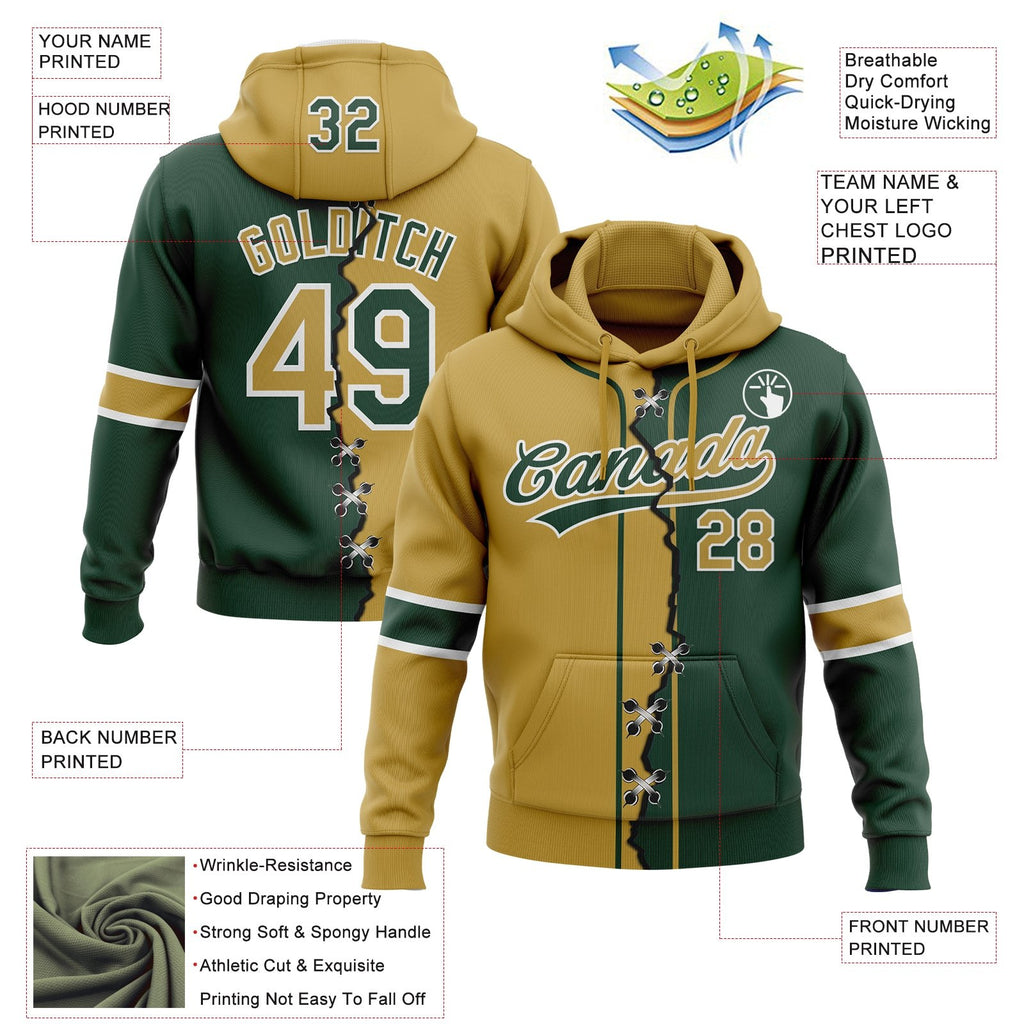Custom Green Old Gold-White Split Ripped Pattern Baseball Pullover Sweatshirt Hoodie photo 3