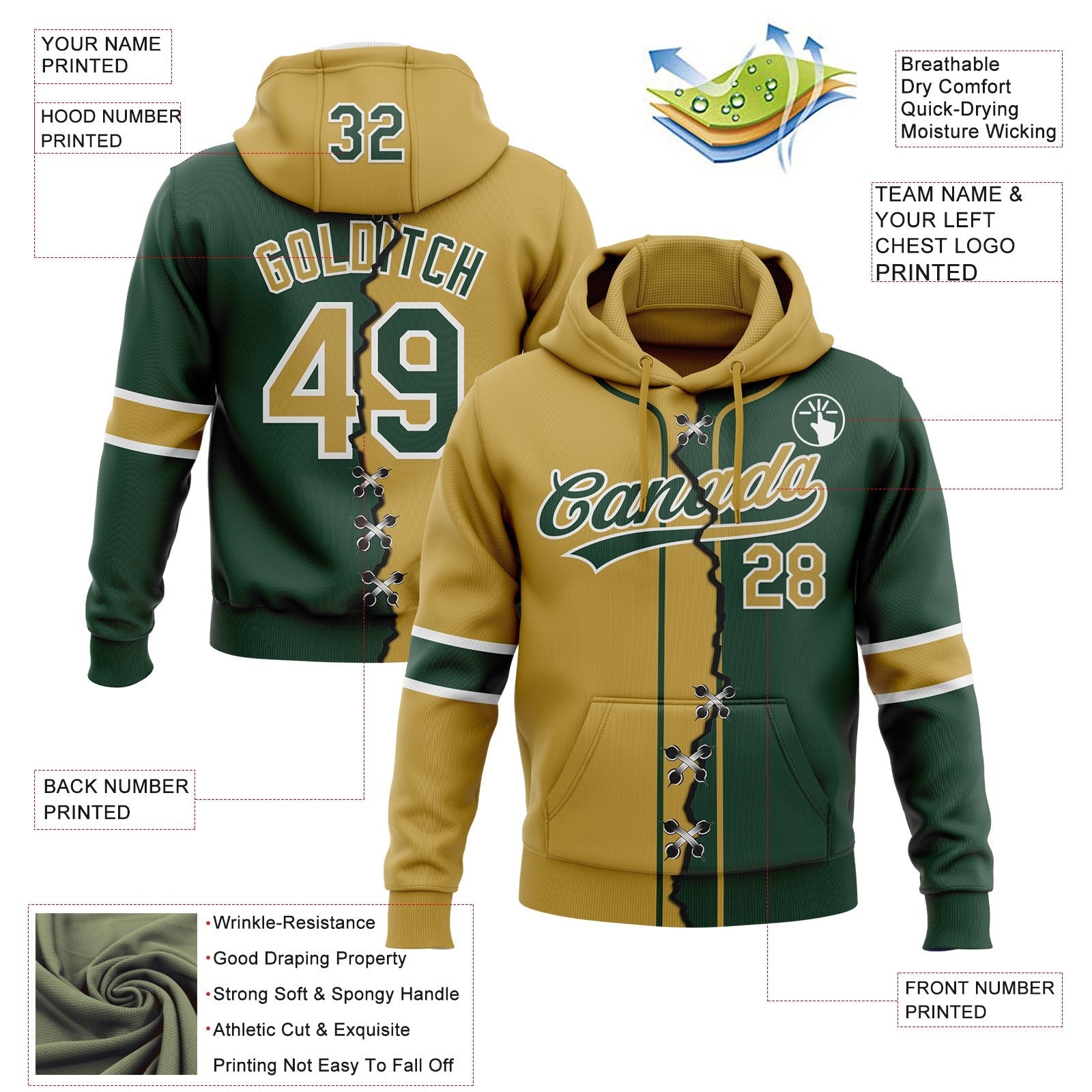 Custom Green Old Gold-White Split Ripped Pattern Baseball Pullover Sweatshirt Hoodie photo 3