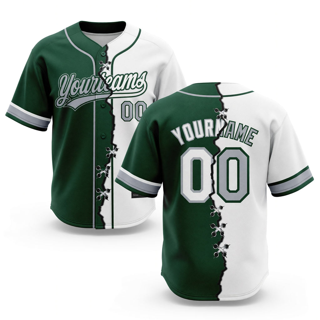 Custom Green White-Gray Split Ripped Pattern Baseball Pullover Sweatshirt Hoodie