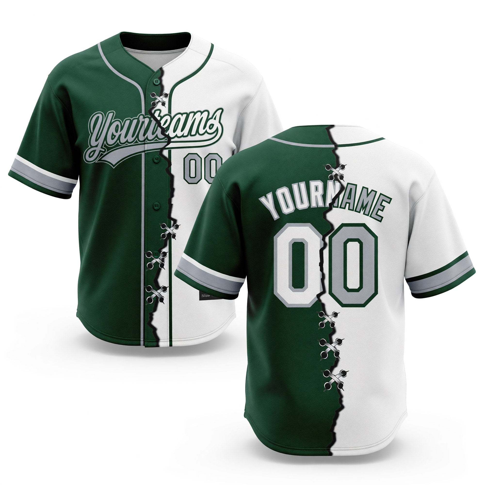 Custom Green White-Gray Split Ripped Pattern Baseball Pullover Sweatshirt Hoodie