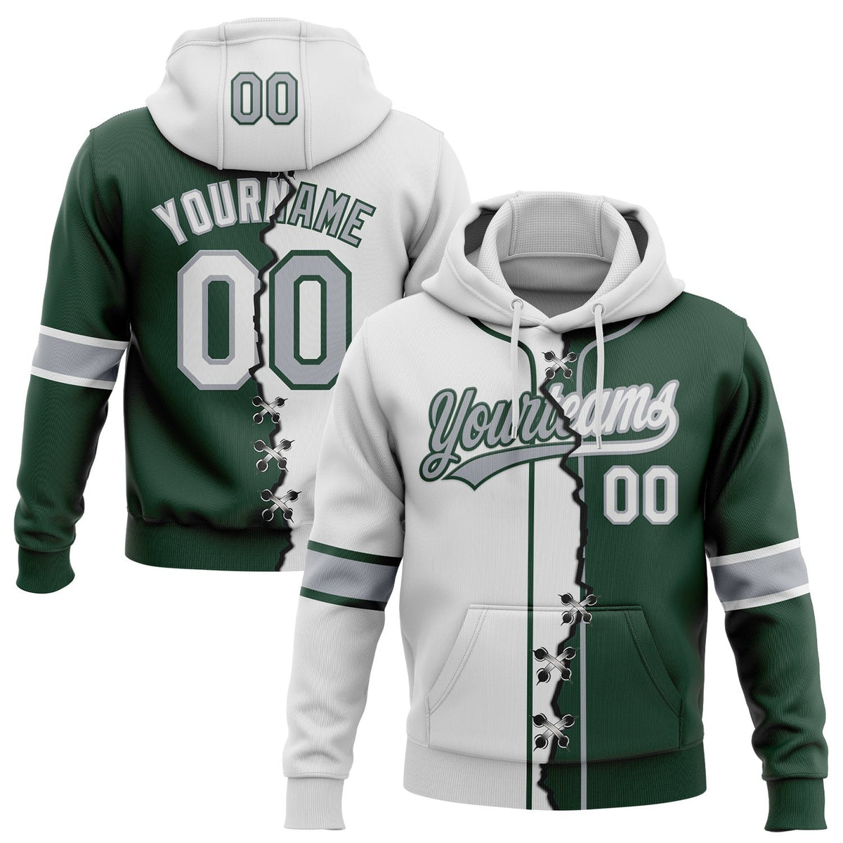 Custom Green White-Gray Split Ripped Pattern Baseball Pullover Sweatshirt Hoodie photo 1