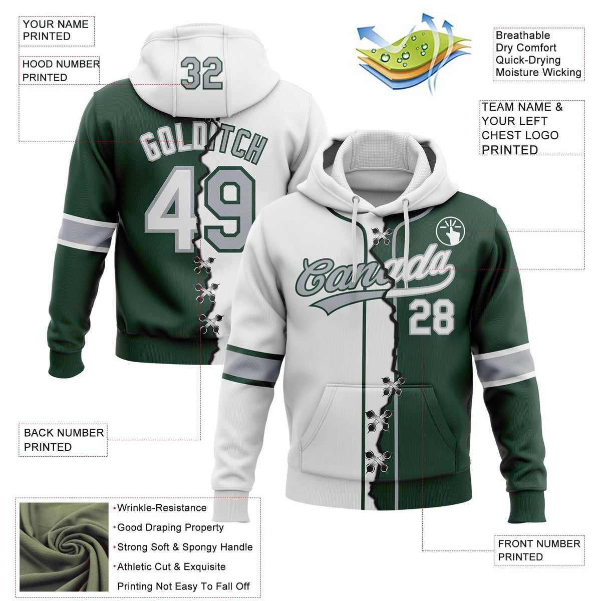 Custom Green White-Gray Split Ripped Pattern Baseball Pullover Sweatshirt Hoodie photo 3
