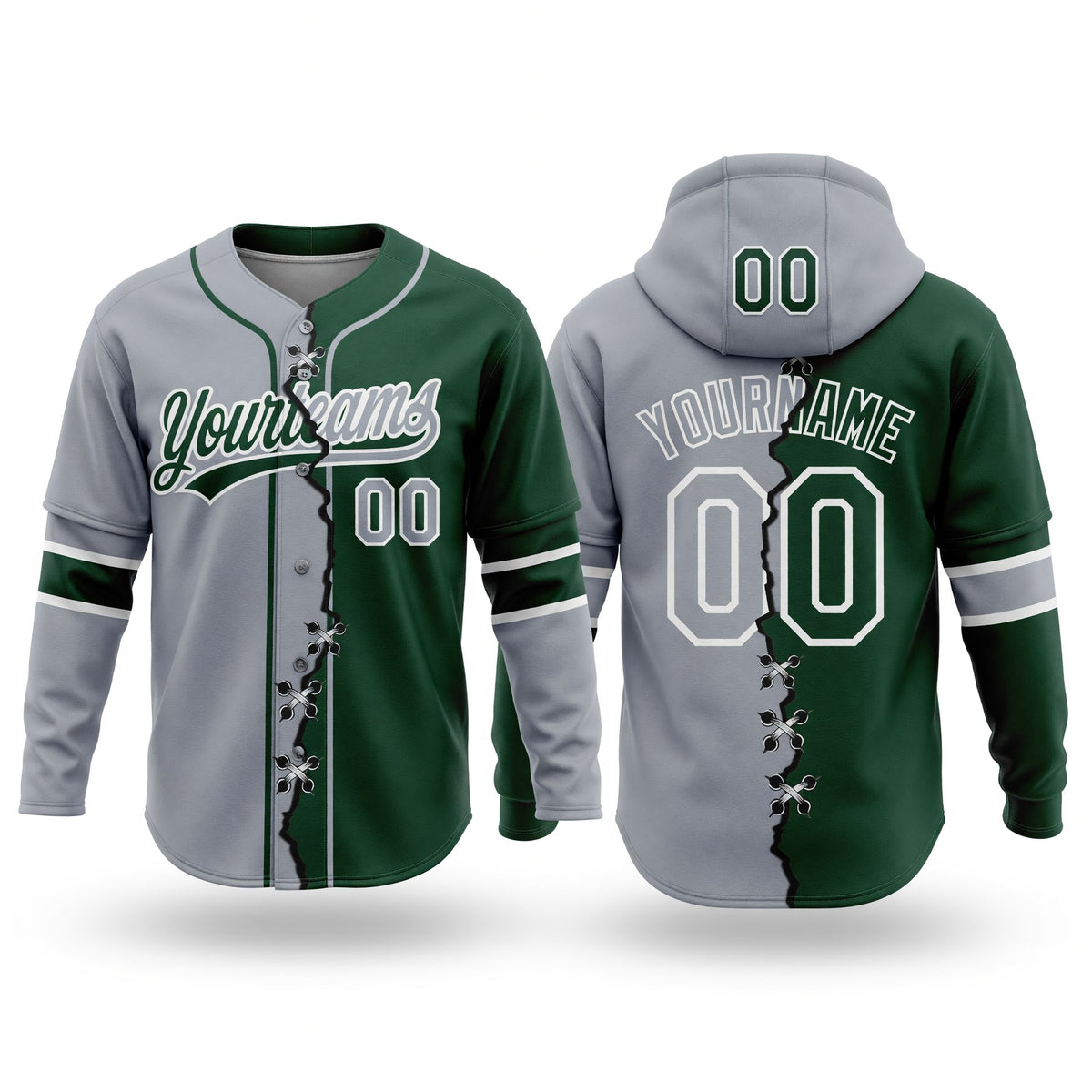 Custom Green Gray-White Split Ripped Pattern Baseball Pullover Sweatshirt Hoodie