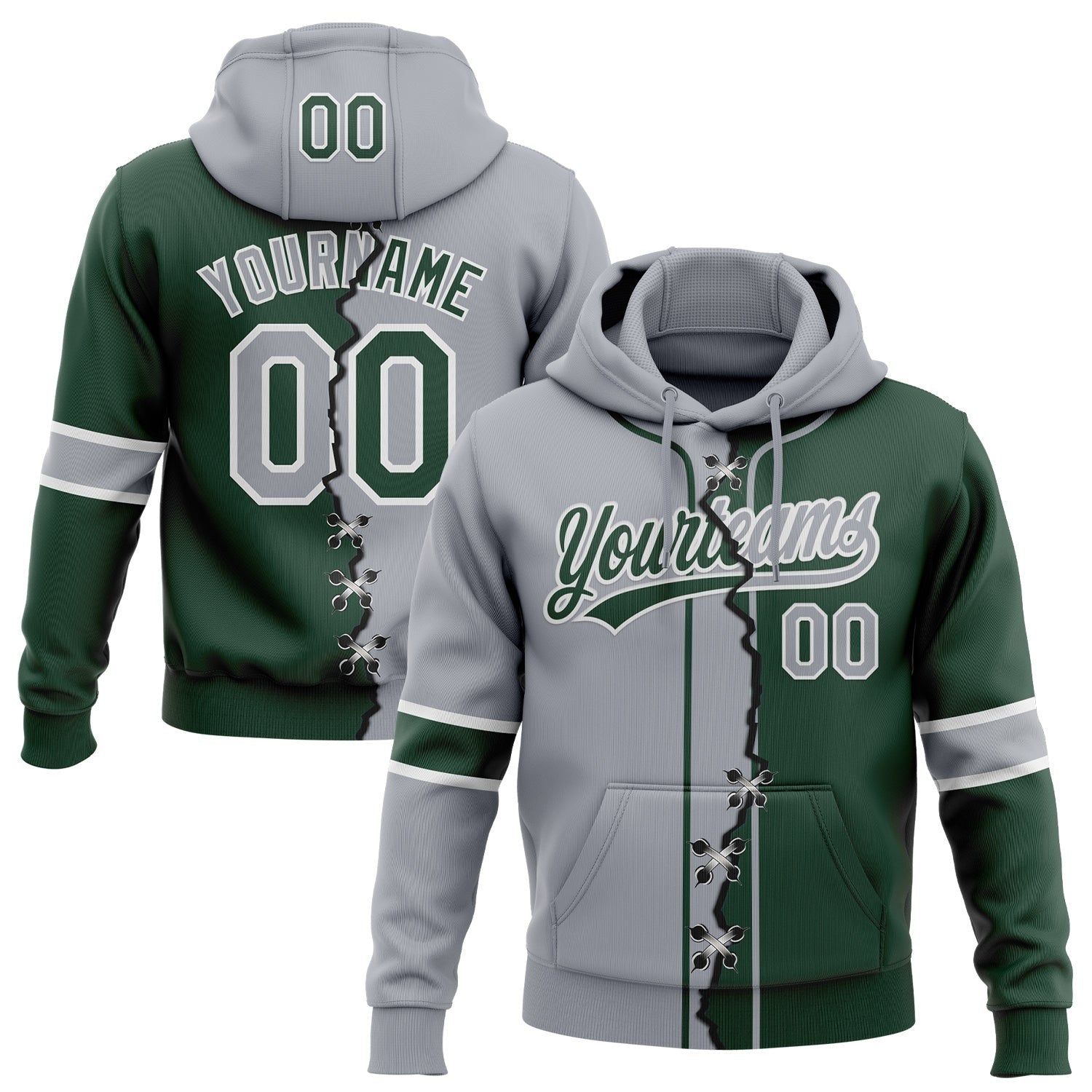 Custom Green Gray-White Split Ripped Pattern Baseball Pullover Sweatshirt Hoodie photo 1