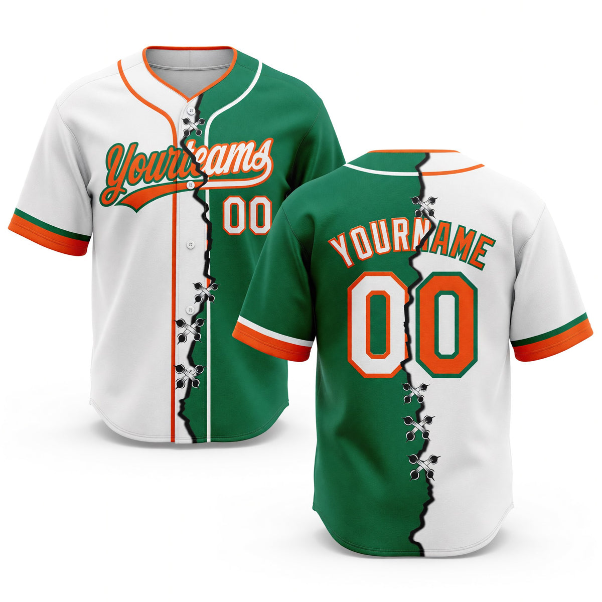 Custom Kelly Green White-Orange Split Ripped Pattern Baseball Pullover Sweatshirt Hoodie
