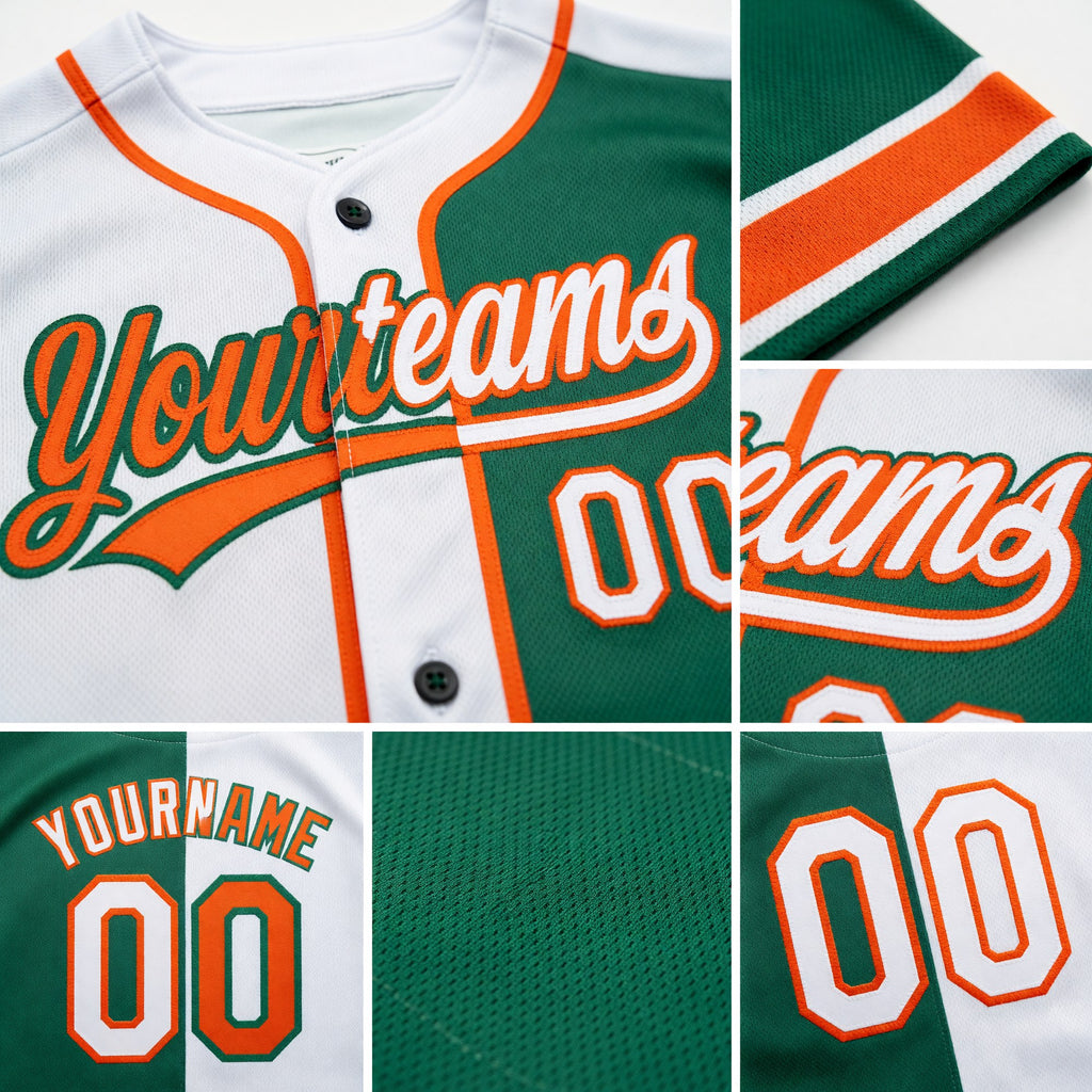 Custom Kelly Green White-Orange Split Ripped Pattern Baseball Pullover Sweatshirt Hoodie detail