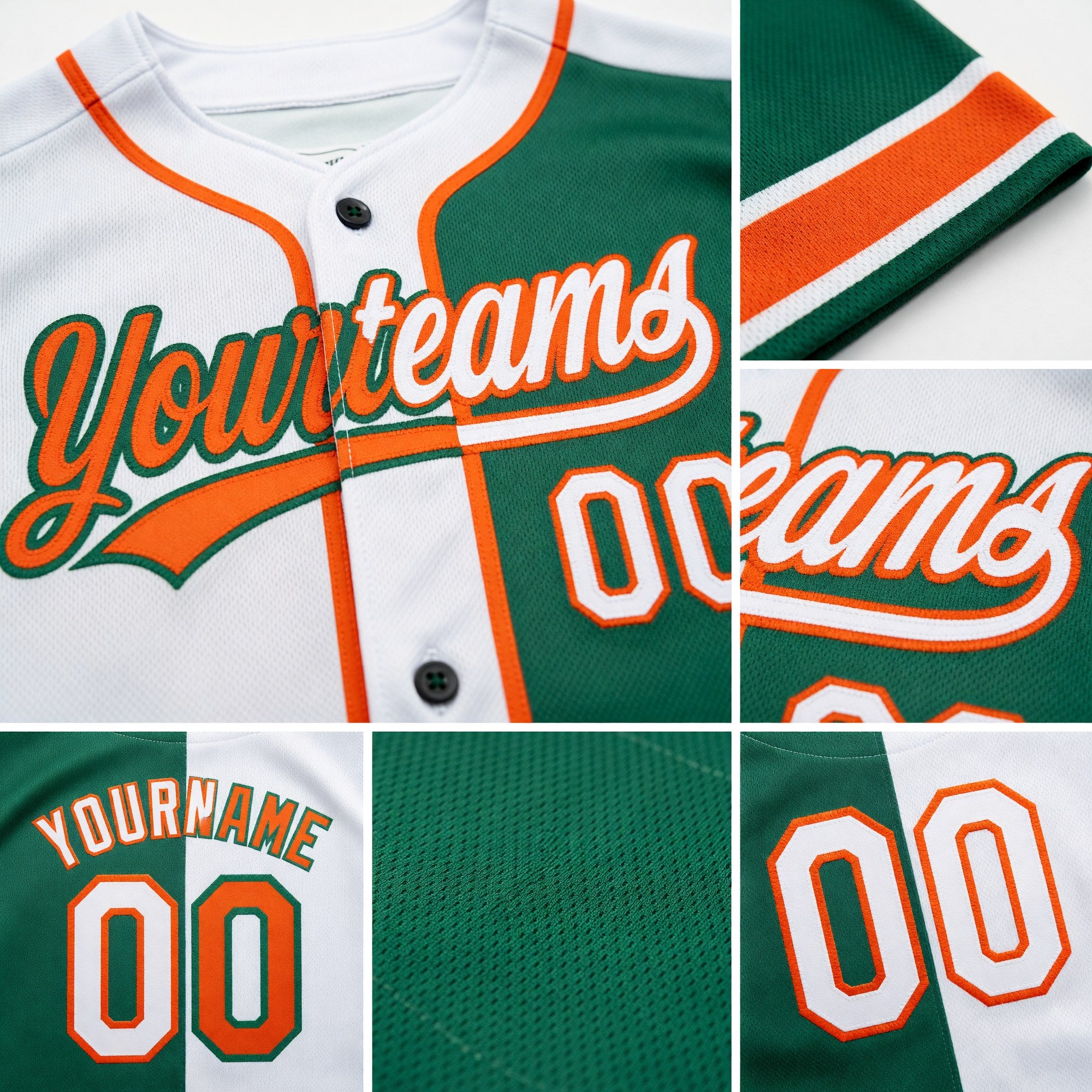 Custom Kelly Green White-Orange Split Ripped Pattern Baseball Pullover Sweatshirt Hoodie detail