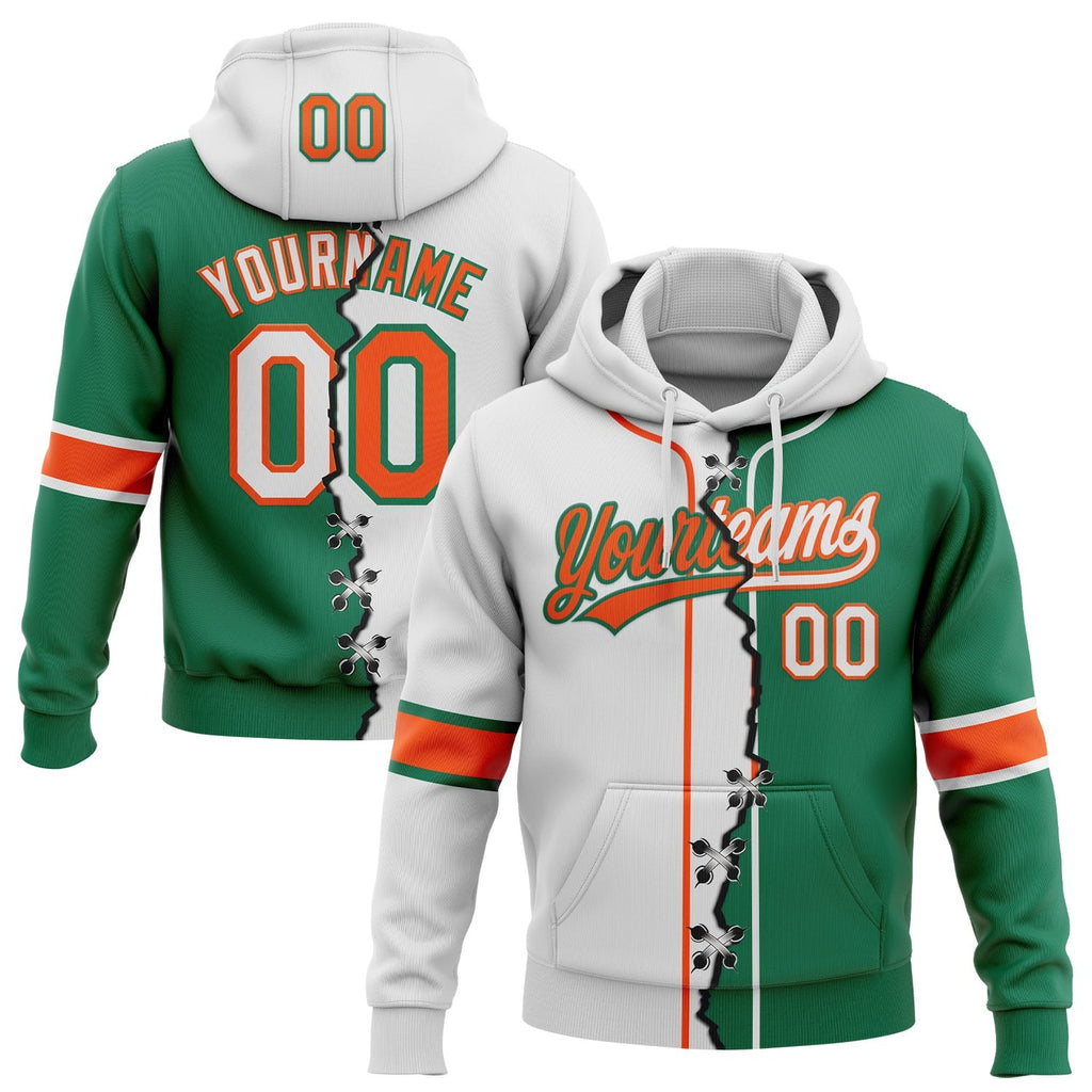 Custom Kelly Green White-Orange Split Ripped Pattern Baseball Pullover Sweatshirt Hoodie photo 1