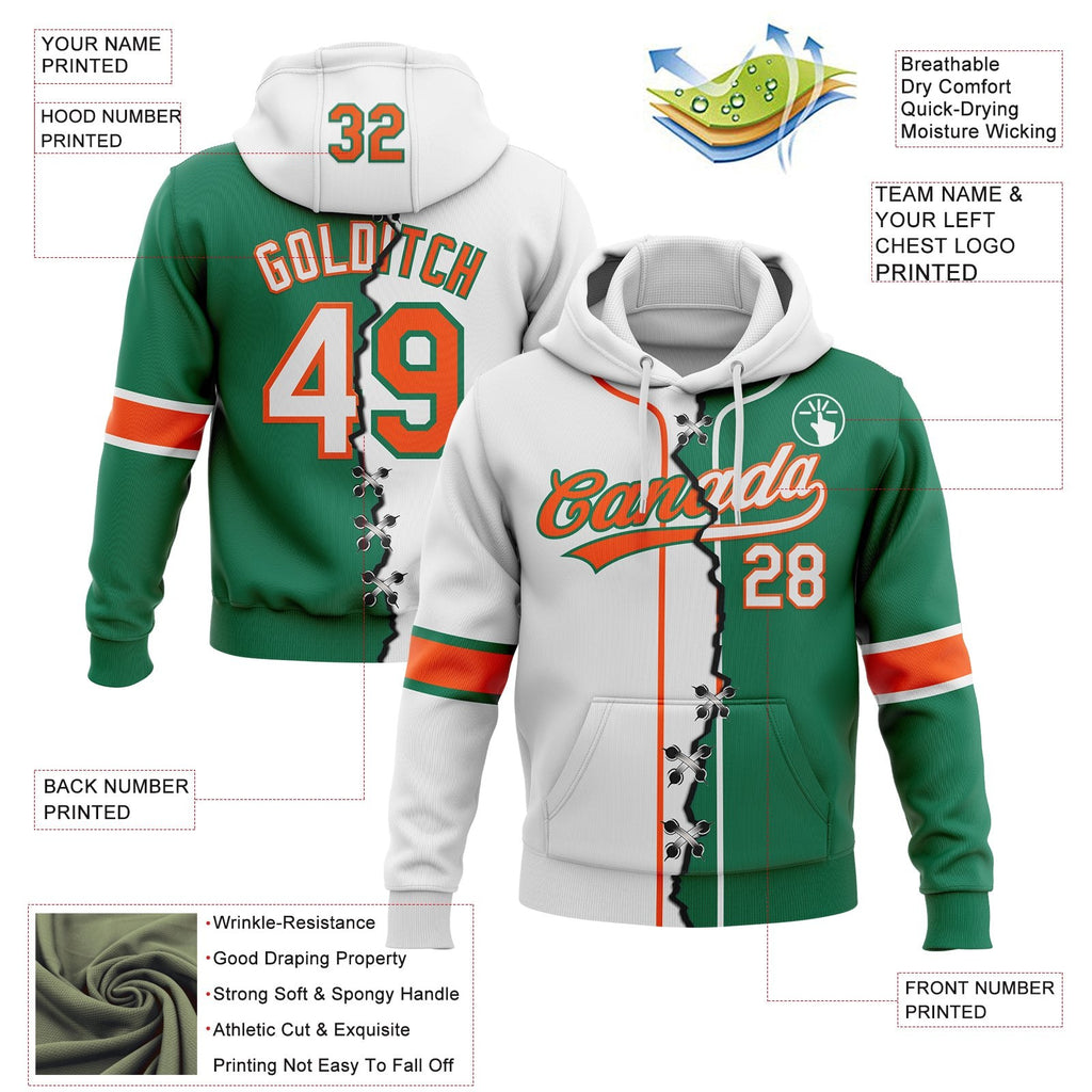 Custom Kelly Green White-Orange Split Ripped Pattern Baseball Pullover Sweatshirt Hoodie photo 3