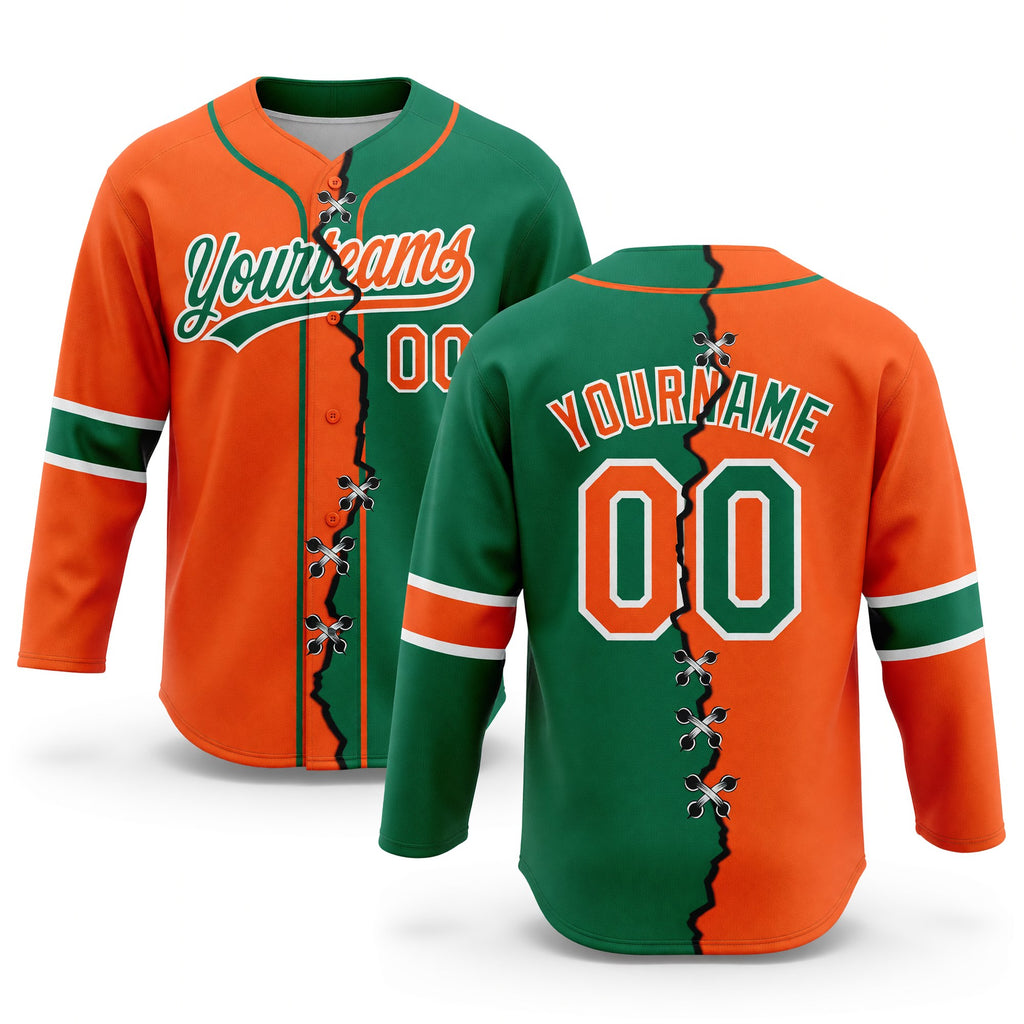 Custom Kelly Green Orange-White Split Ripped Pattern Baseball Pullover Sweatshirt Hoodie
