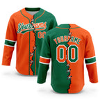 Custom Kelly Green Orange-White Split Ripped Pattern Baseball Pullover Sweatshirt Hoodie