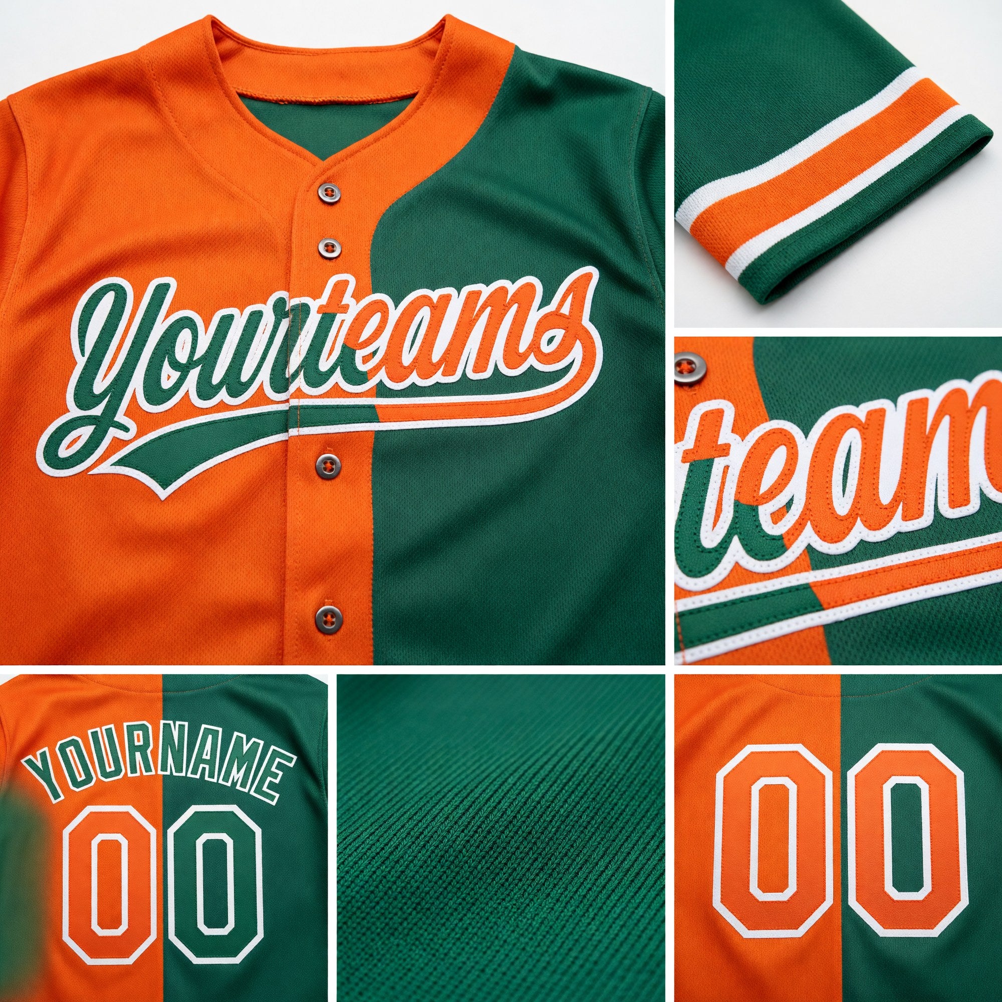 Custom Kelly Green Orange-White Split Ripped Pattern Baseball Pullover Sweatshirt Hoodie detail