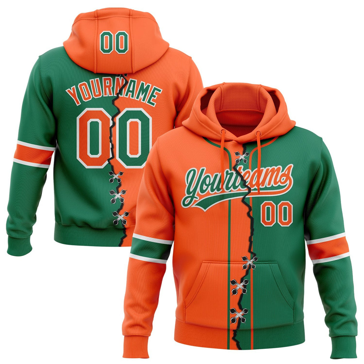 Custom Kelly Green Orange-White Split Ripped Pattern Baseball Pullover Sweatshirt Hoodie photo 1