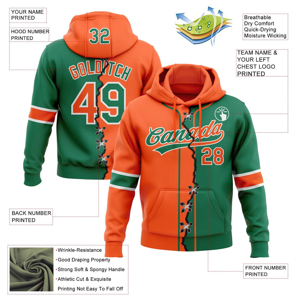 Custom Kelly Green Orange-White Split Ripped Pattern Baseball Pullover Sweatshirt Hoodie photo 3