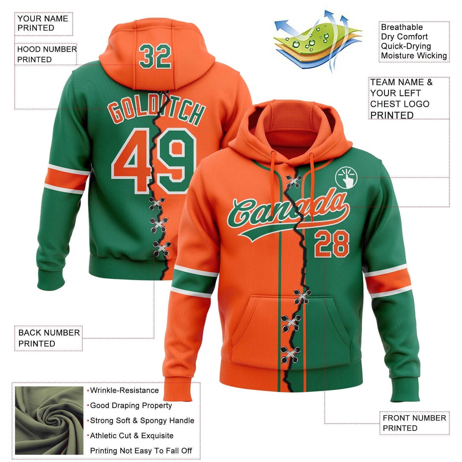 Custom Kelly Green Orange-White Split Ripped Pattern Baseball Pullover Sweatshirt Hoodie photo 3