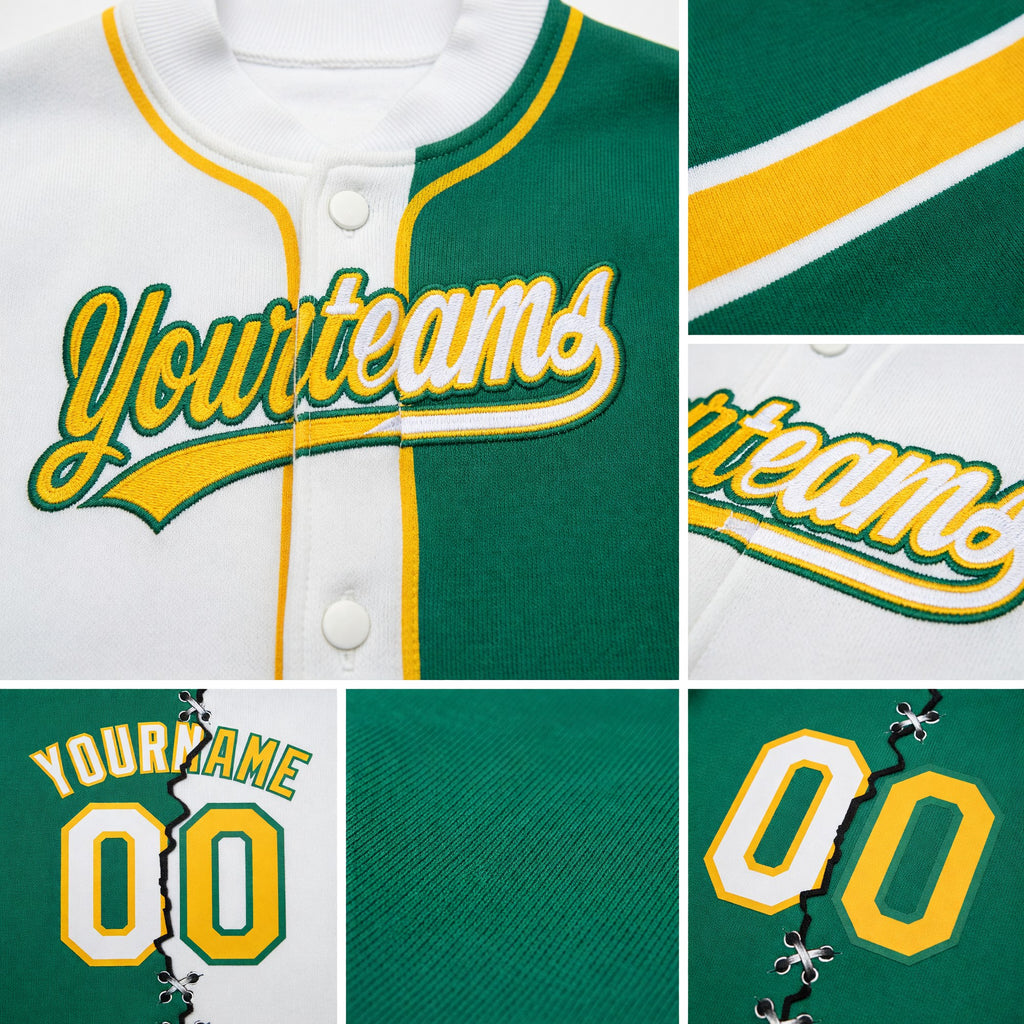 Custom Kelly Green White-Gold Split Ripped Pattern Baseball Pullover Sweatshirt Hoodie detail